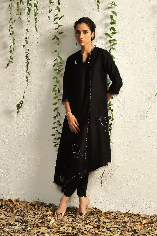 Black Chanderi Asymmetrical Kurta Set