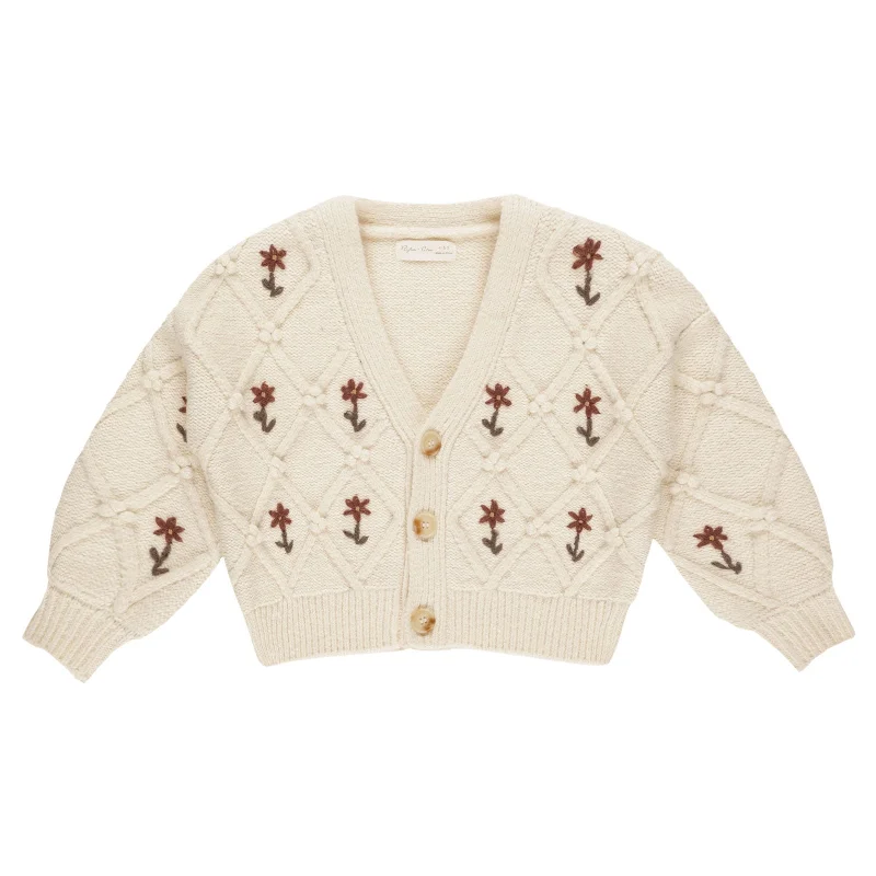 Boxy Cardigan - Winter Floral Embroidery - Natural