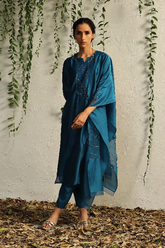 True Blue Chanderi Flowy Kurta Set