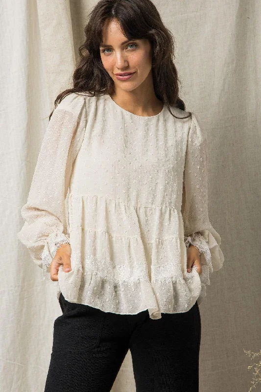 Swiss Dot Top With Contrasting Lace Detail - Natural