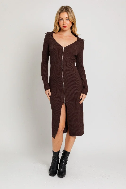 Ribbed Zip Front Ribbed Collared Sweater Midi Dress