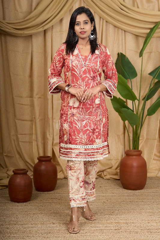 Brown Floral Cotton Kurti Set with Delicate Lace Detailing and Matching Bottom for Women