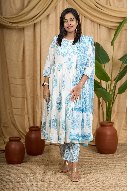 Blue Jaipuri Cotton Flared Kurti Suit Set with Teal Floral Pattern and Coordinated Bottom for Women