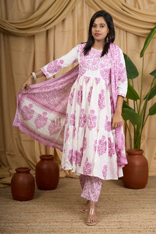 Purple Jaipuri Cotton Flared Kurti Suit Set with Intricate Floral Prints and Matching Bottom for Women