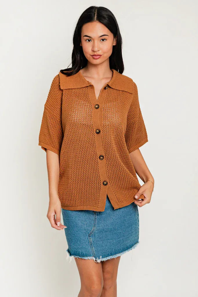 Short Sleeve Button Down Relax Collared Sweater Cardigan