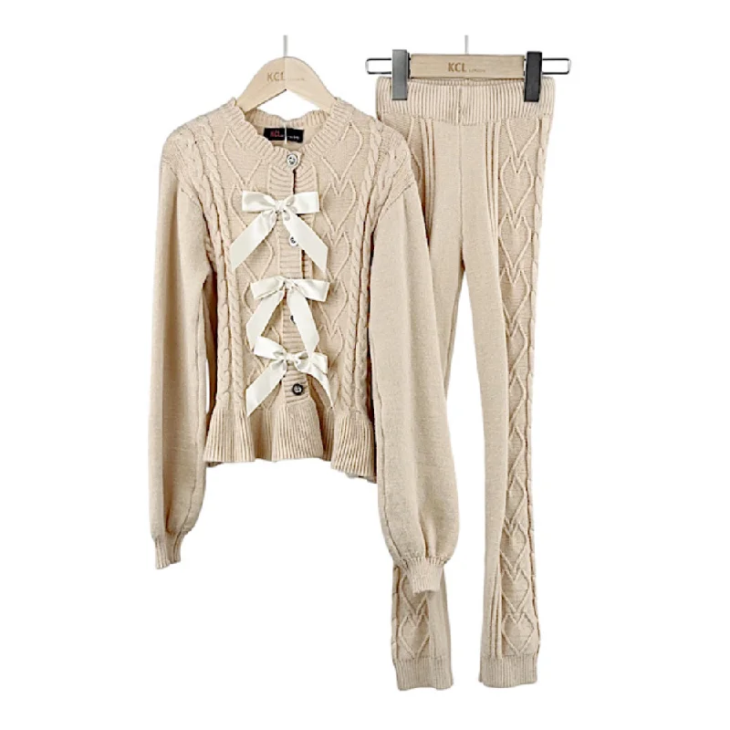 Little Luxe London Cable Bow Cardigan Set- Beige