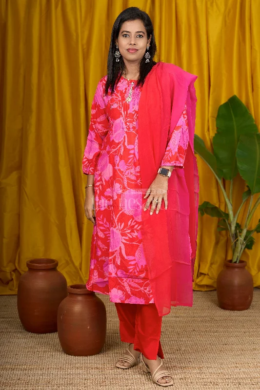 Pink Viscose Muslin Silk Flared Suit Set with Sequin Embellished Neckline and Floral Print for Women