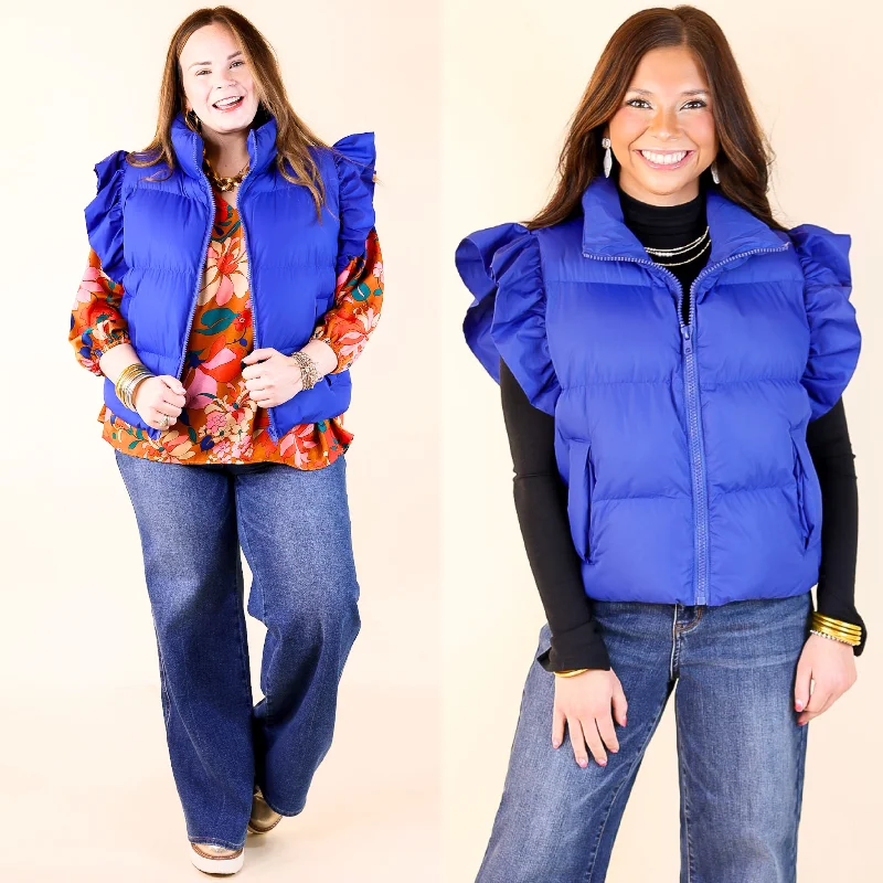 All Season Long Ruffle Sleeve Puffer Vest in Royal Blue