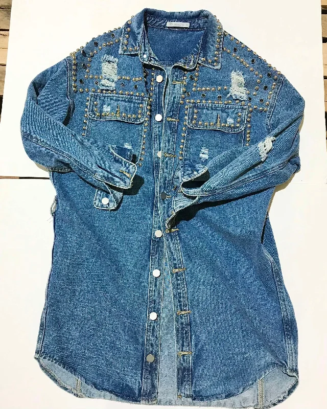 "KC" Rocker Washed Studded Denim Jacket: SM