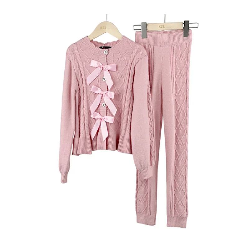 Little Luxe London Cable Bow Cardigan Set- Pink