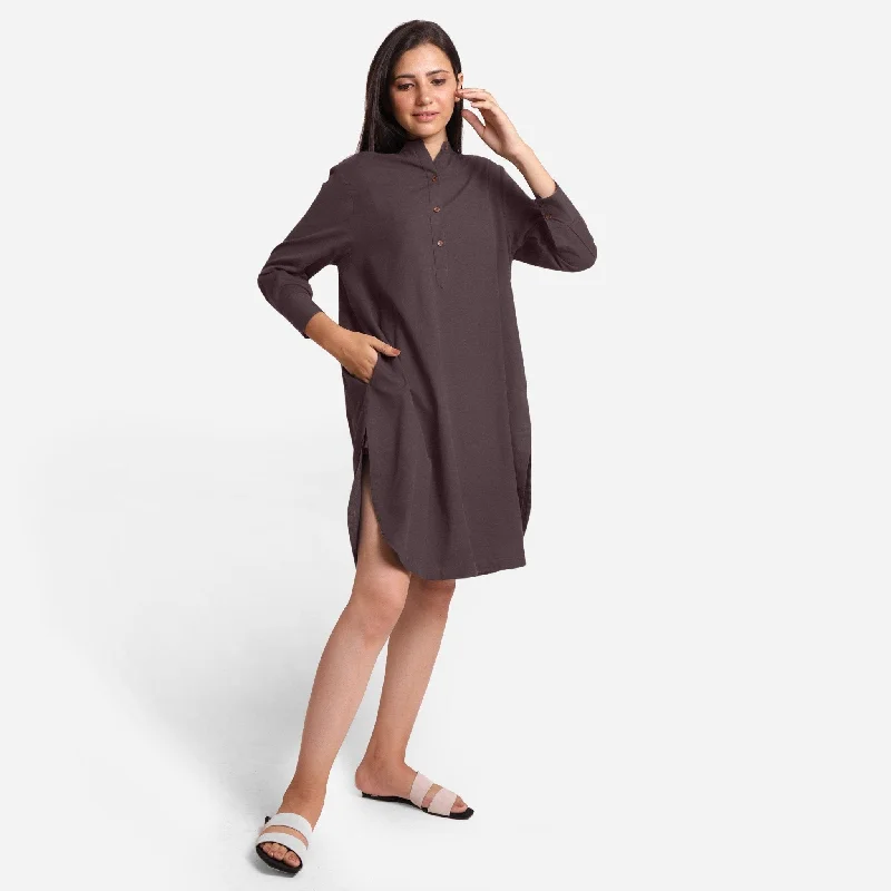 Brown Cotton Flax Knee Length Shirt Dress