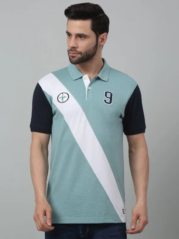 Men's Aqua Green Color block Polo neck Half Sleeve T-Shirt with Diagonal color block at front & sleeve in contrast.