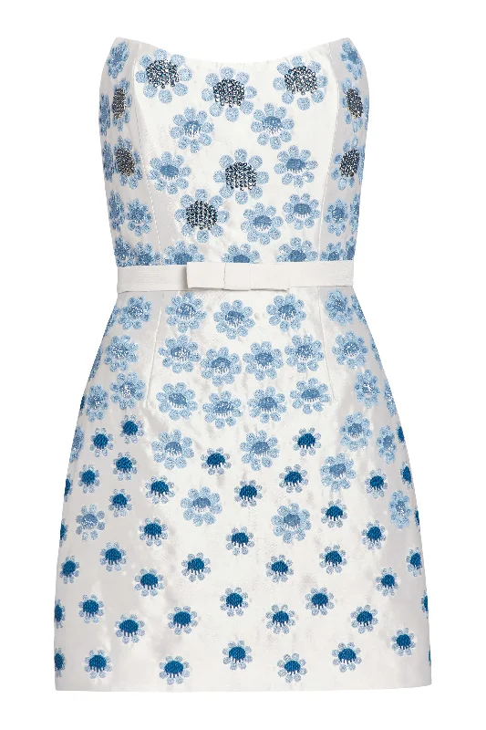 Lulu White Silk Mini Dress With Blue Daisy Beading