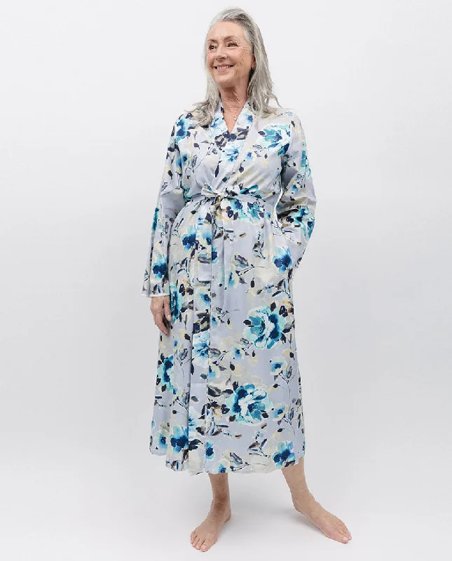 Maeve Lace Trim Grey Floral Print Long Dressing Gown