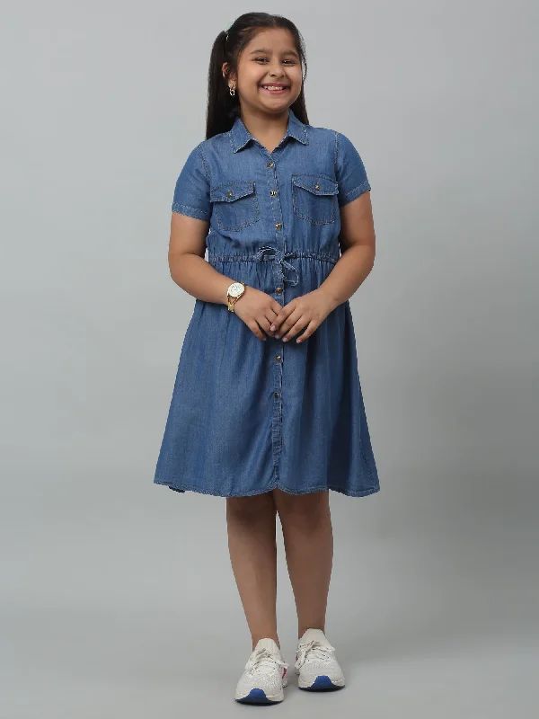 Girls Cotton Solid Shirt Collar Short Sleeves Fit and Indigo Blue Casual Dress