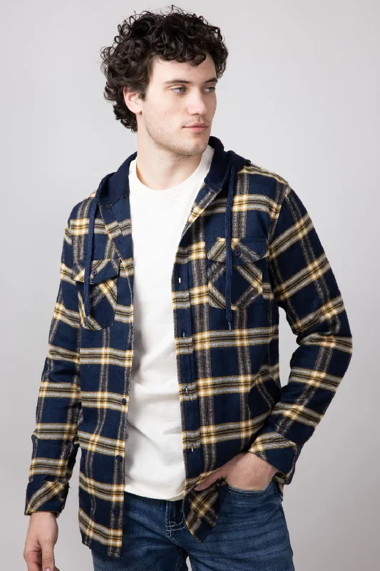 Hooded Plaid Flannel Shirt for Men in Navy | TQ8299GL-NAVY