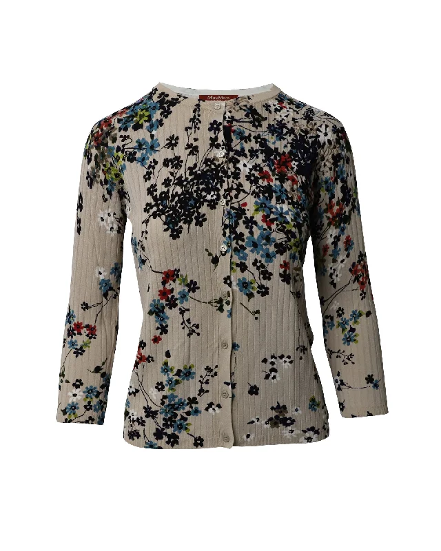 Max Mara Ribbed Floral Cardigan in Beige Viscose