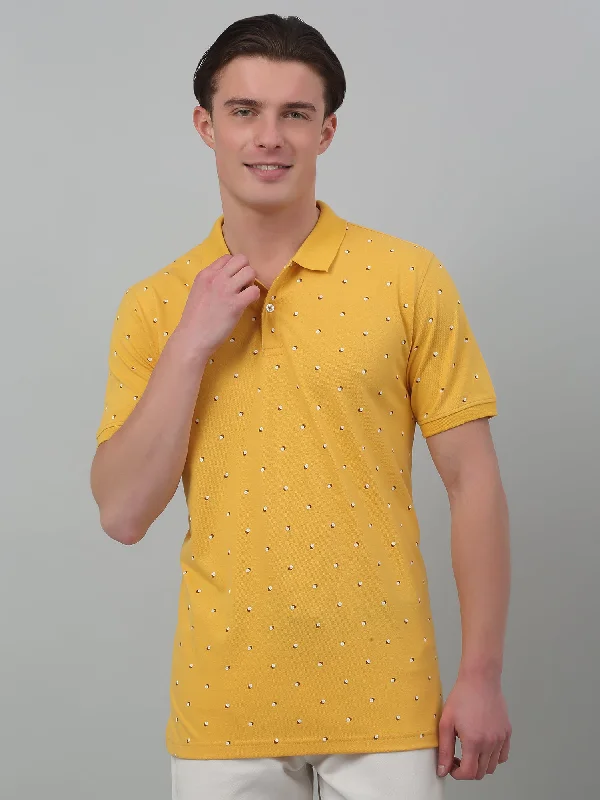 Men's Yellow All over print Polo neck Half Sleeve T-Shirt