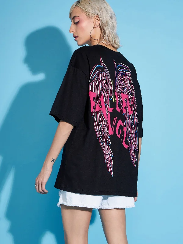 Women Black FALLEN ANGEL Printed Oversized T-Shirt