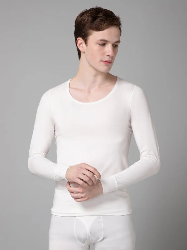 Solid Round Neck Full Sleeves Off White Thermal Top For Men