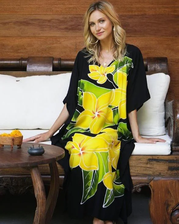 SHU-SHI Women's Handpainted Floral Kaftan Dress - Loose Maxi Beach Cover-Up, Plus Size Caftan