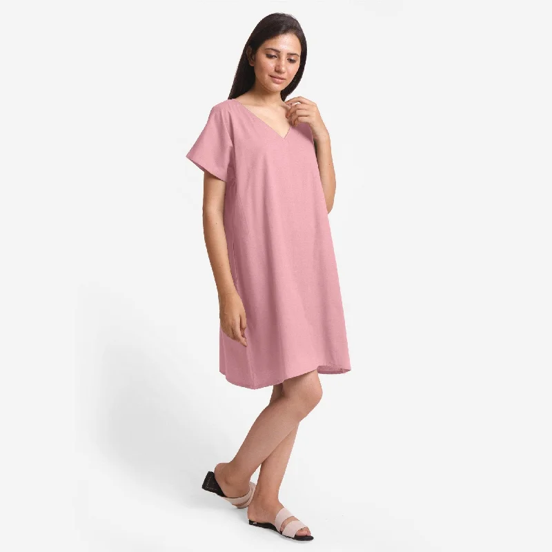 Pink Cotton Flax Loose Fit V-Neck Short Tunic Dress