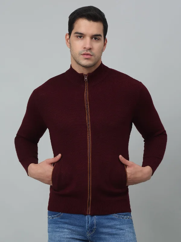 Solid Maroon Full Sleeves Band Collar Regular Fit Casual Sweater for Men