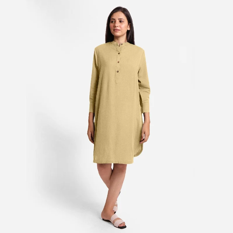 Light Khaki Cotton Flax Knee Length Shirt Dress