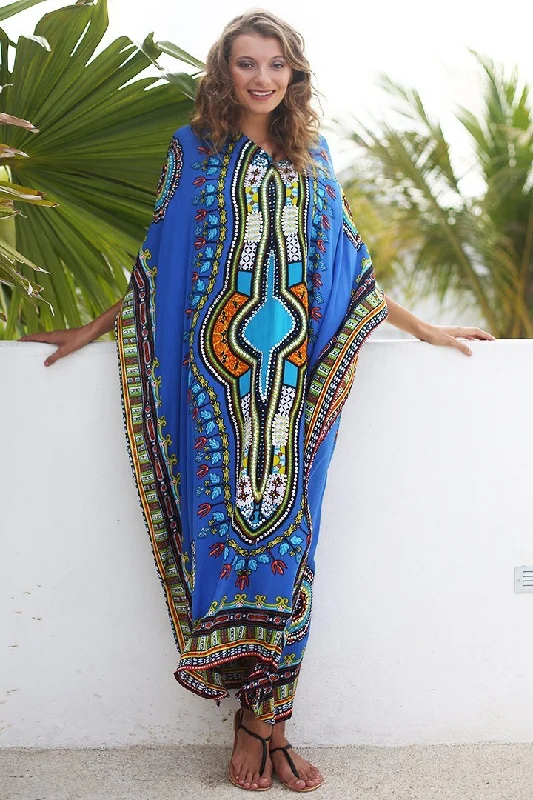 SHU-SHI Women's Ethnic V-Neck Kaftan Maxi Dress - Long Loose Casual Dashiki Beach Cover-Up with Sequins