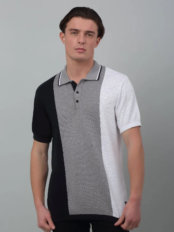 Men's White Vertical 3 color block Polo neck Half Sleeve Flatknit T-Shirt