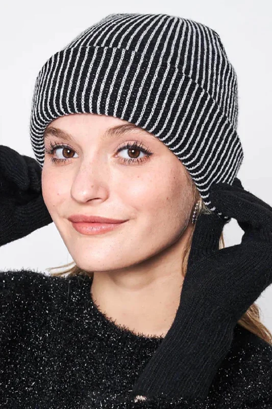 Vertical Stripe Knit Beanie for Women in Black/White | YCB320049-WHITE/BLACK