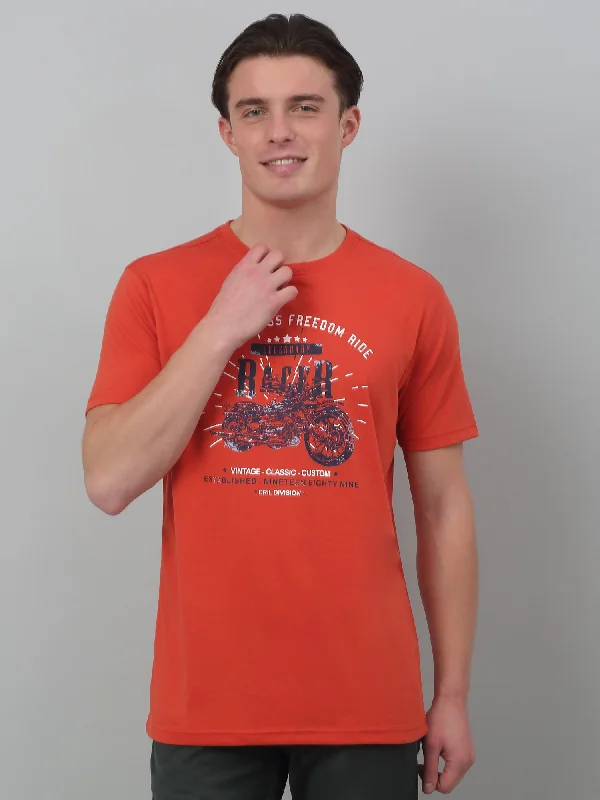 Men's Orange  Round neck Half Sleeve T-Shirt with Typographic print