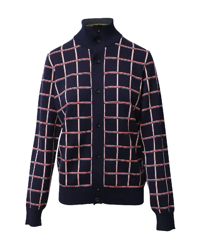 Louis Vuitton Jacquard Windowpane Check Cardigan in Navy Blue Wool