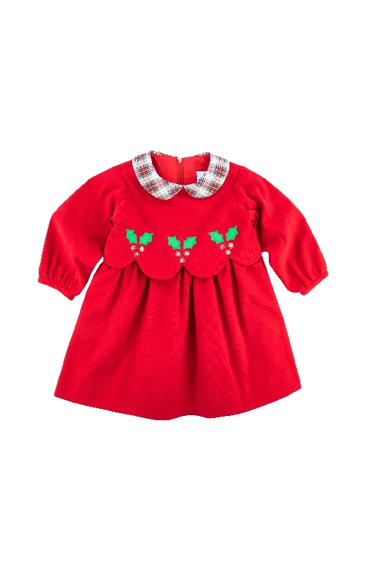 Festive Red Corduroy Dress With Holly Berries