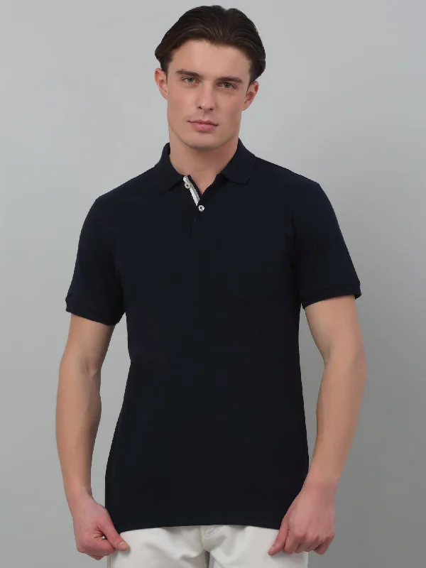 Men's Navy Blue Polo neck Half Sleeve T-Shirt with chest pocket