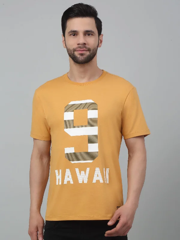 Men's Mustard  Round neck Half Sleeve T-Shirt with Print