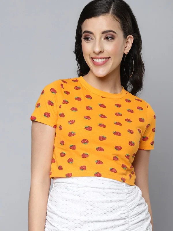 Women Mustard Strawberry Slim Fit Crop T-shirt