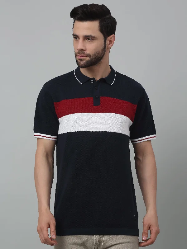 Men's Navy Blue Color block Polo neck Half Sleeve Flatknit T-Shirt