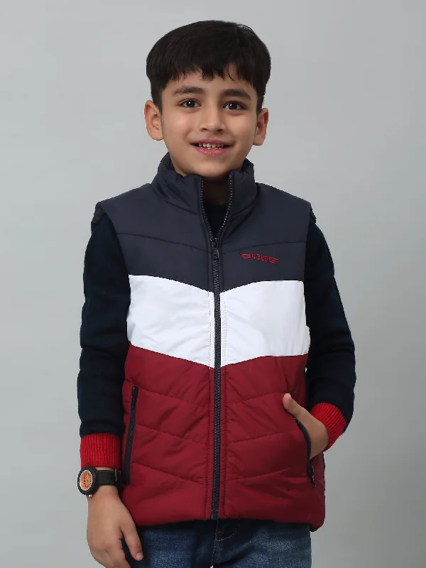 Boys Maroon Mandarin Collar Color-Blocked Casual Jacket For Winter