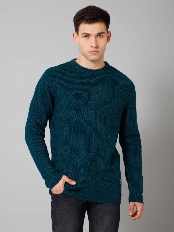 Solid Teal Blue Full Sleeves Round Neck Regular Fit Casual Sweater for Men