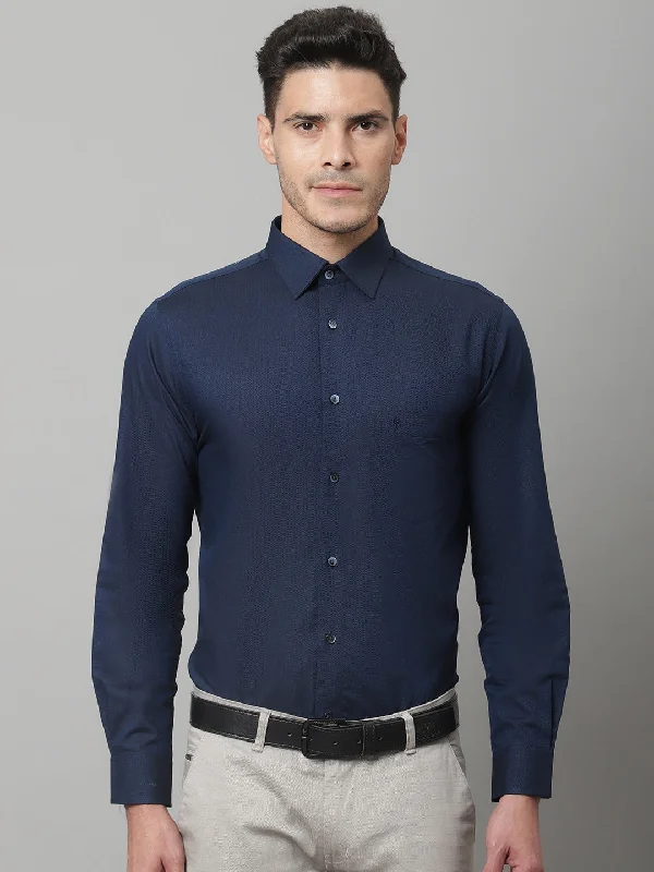 Men's Navy Blue Party Plain Full Sleeve Shirt