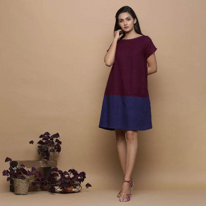 Wine and Navy Blue Handspun Cotton Paneled Boat Neck Shift Dress