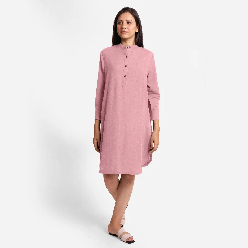 Pink Cotton Flax Mandarin Collar Knee Length Shirt Dress