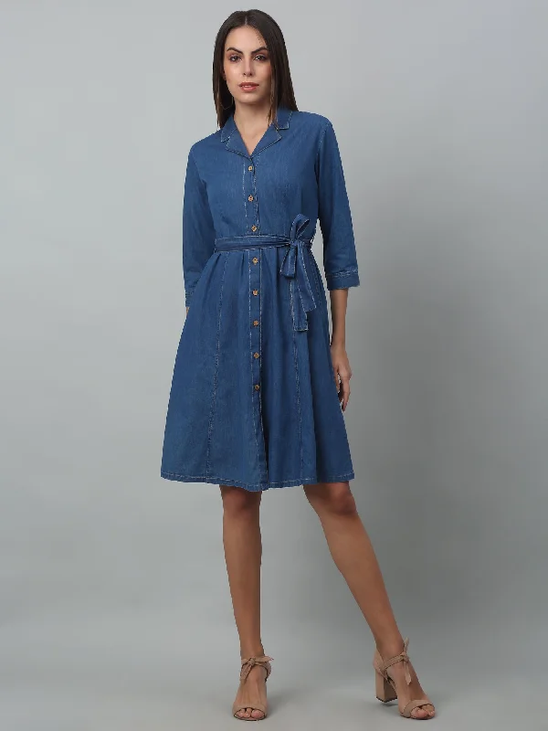 Women's Casual Shirt Collar Indigo blue Denim Shirt  Dress