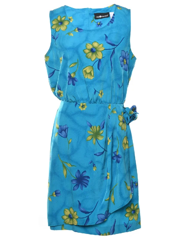 Aqua Blue Floral Print Wrap Dress - M