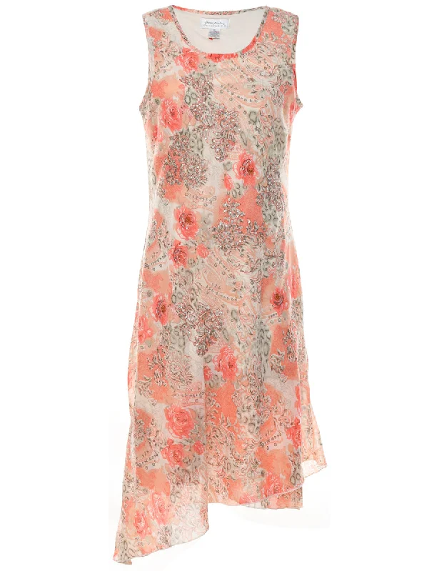 Y2K Floral Print Coral Asymmetrical Hem Dress - L