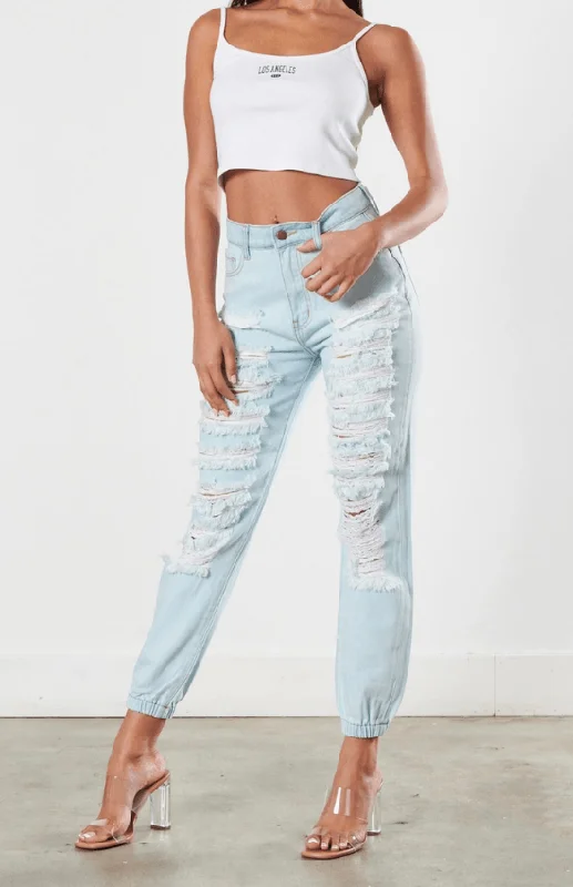 Lorita high waisted distressed mom with elastic waistband.