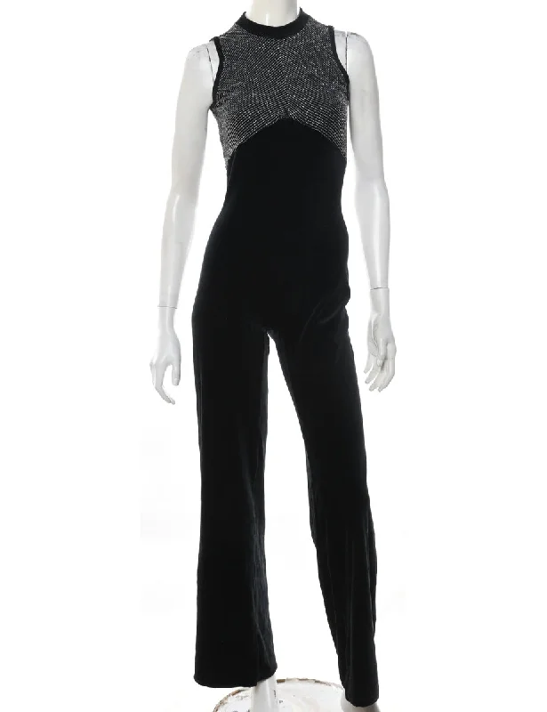 Lurex Thread Pattern Black & Silver 1990s Sparkly Jumpsuit - S