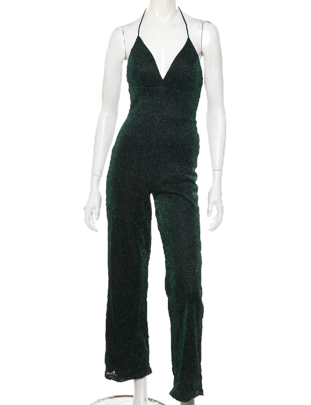 Lurex Thread Pattern Halterneck Dark Green Jumpsuit - M