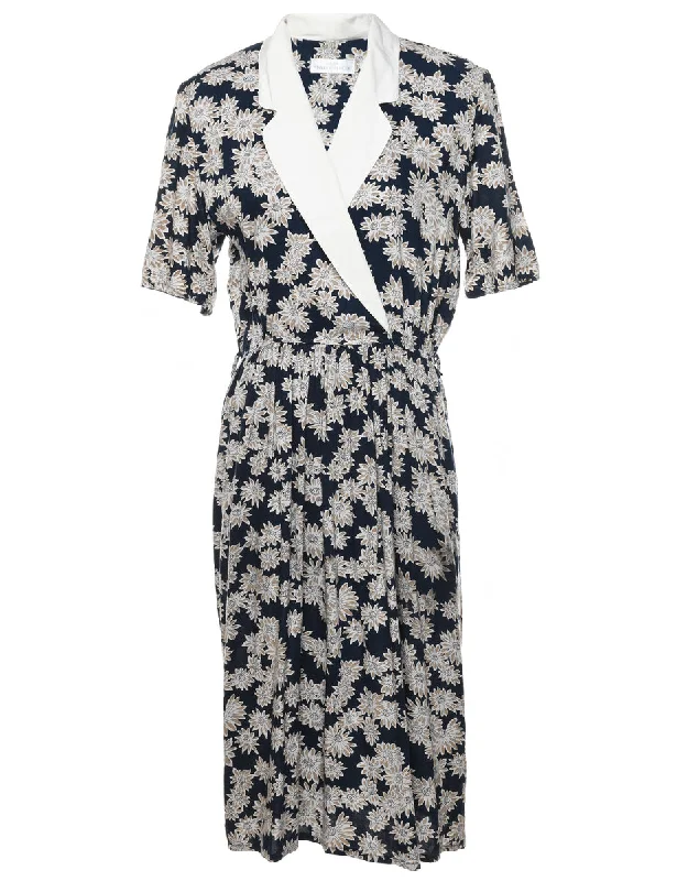 Navy Floral Print Dress - M